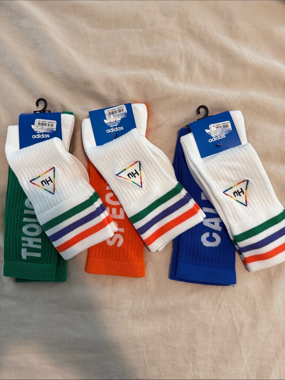 3 packs adidas White Crew Socks with Green, Orange & Blue Accent Stripes